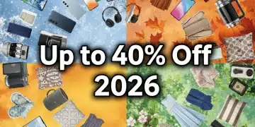 Seasonal shopping guide 2026 with various products and percentage off savings.