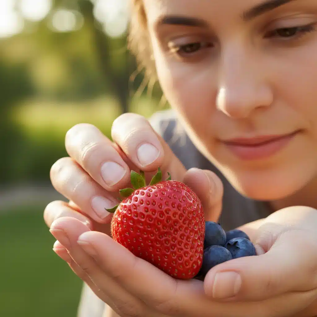 Hands examining a piece of fruit, focusing on sensory details