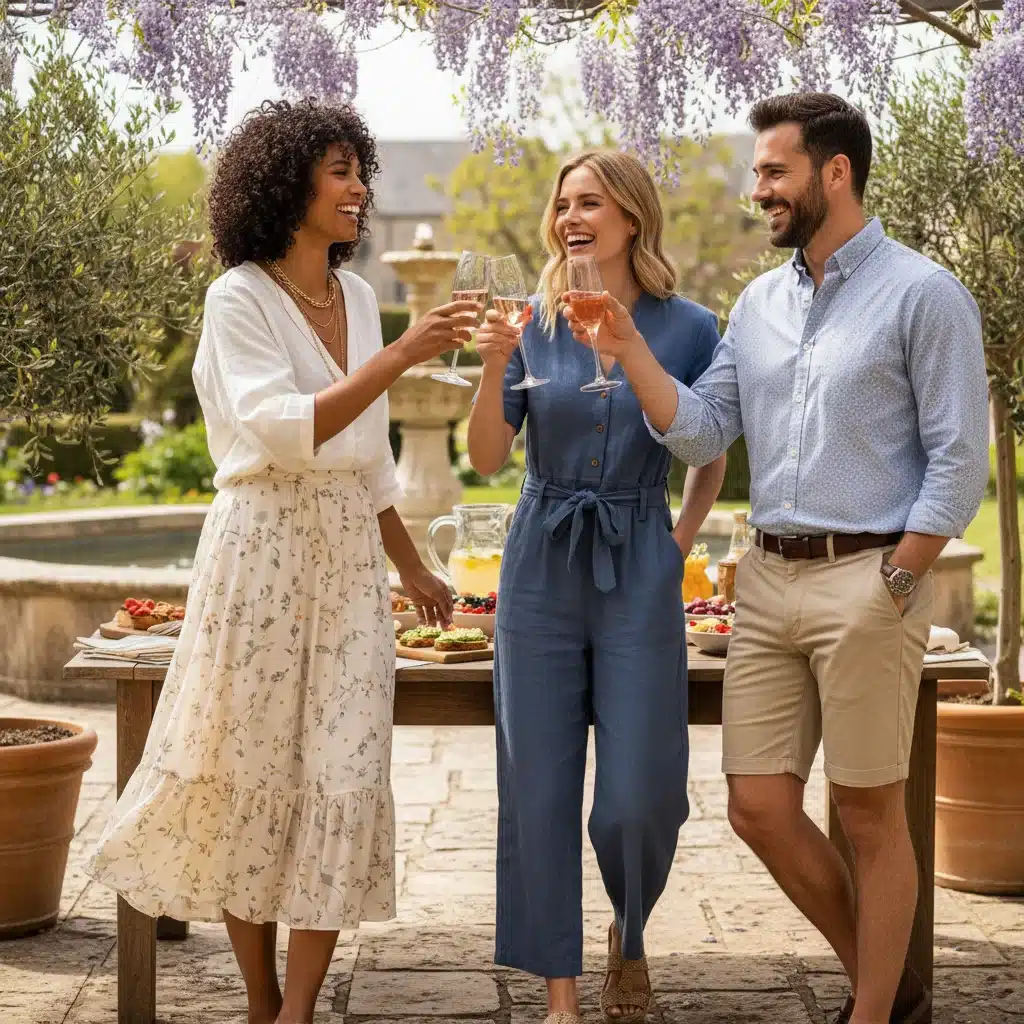 Friends enjoying spring brunch in stylish attire
