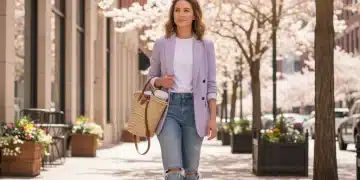 Woman in spring outfit walking in city