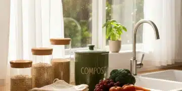 Sustainable kitchen showing reusable containers and fresh produce, emphasizing waste reduction.