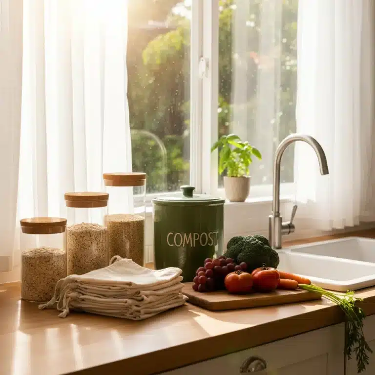 Sustainable kitchen showing reusable containers and fresh produce, emphasizing waste reduction.