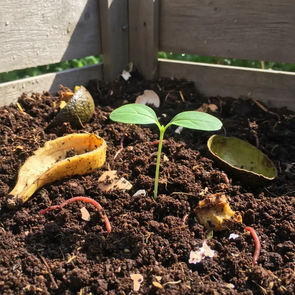 Close-up of an active home compost bin with organic waste and rich soil.