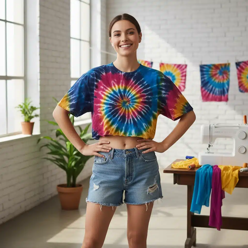 Person wearing a stylish, newly tie-dyed and cropped t-shirt, showcasing a DIY fashion refresh.