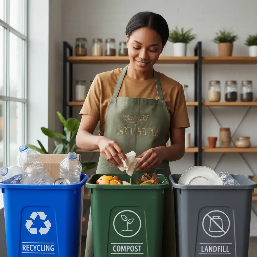 Person sorting household waste into recycling, compost, and landfill bins.